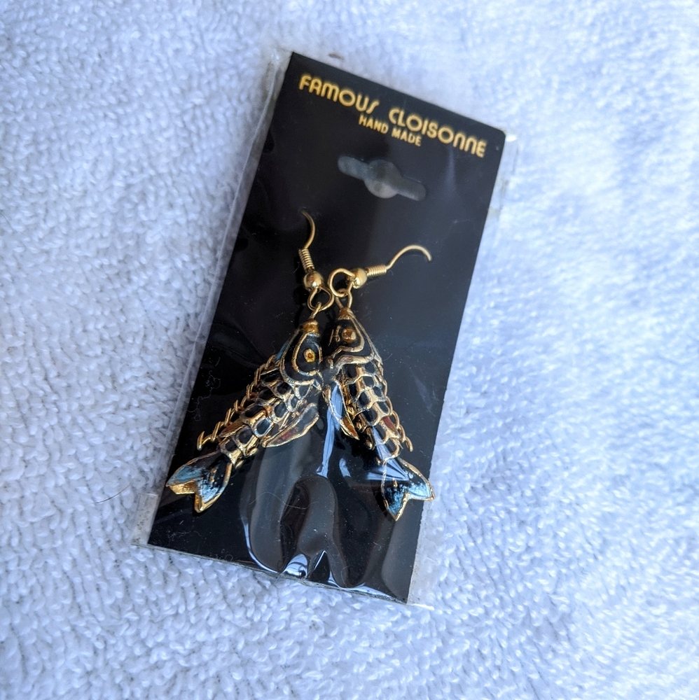 Cloisonne fish earrings New in package. From 1980s